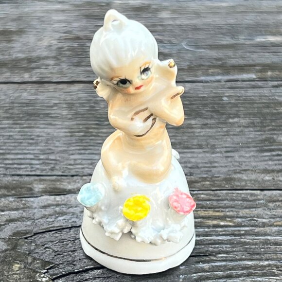 Vintage Porcelain Christmas Angel Bell Music Flowers Ornament 3” tall - Picture 2 of 8